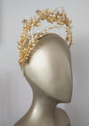 gold leaf bridal crown with clay flowers, pearl and crystals - handmade in toronto ontario canada - blair nadeau bridal - bridal accessories