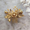golden brass bridal hair comb with gold  pearls and leaves and roses. handmade in toronto canada by blair nadeau bridal