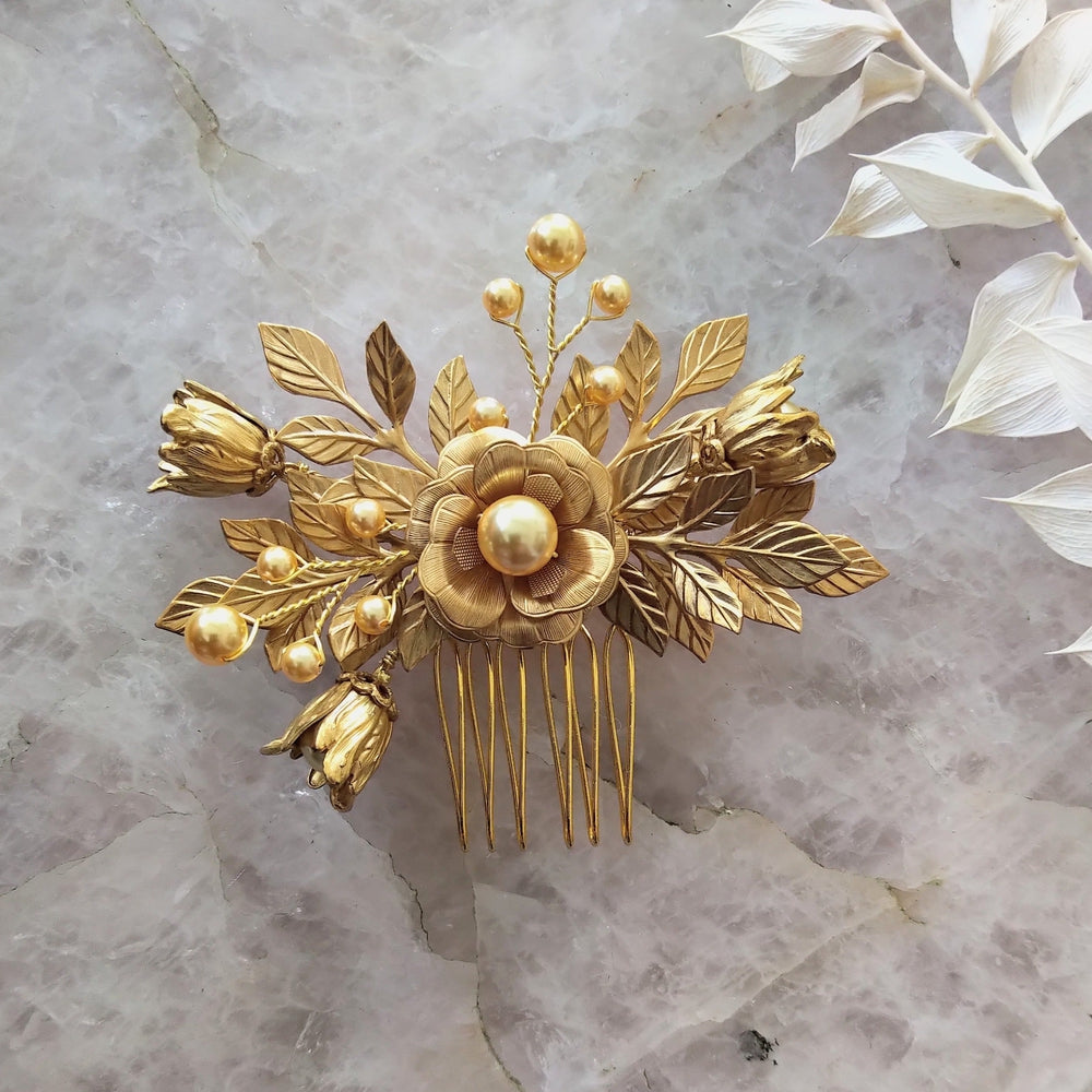 golden brass bridal hair comb with gold  pearls and leaves and roses. handmade in toronto canada by blair nadeau bridal