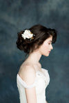 Ivory silk flower bridal hair comb with crystals, pearls and leaves. handmade in toronto by blair nadeau birdal