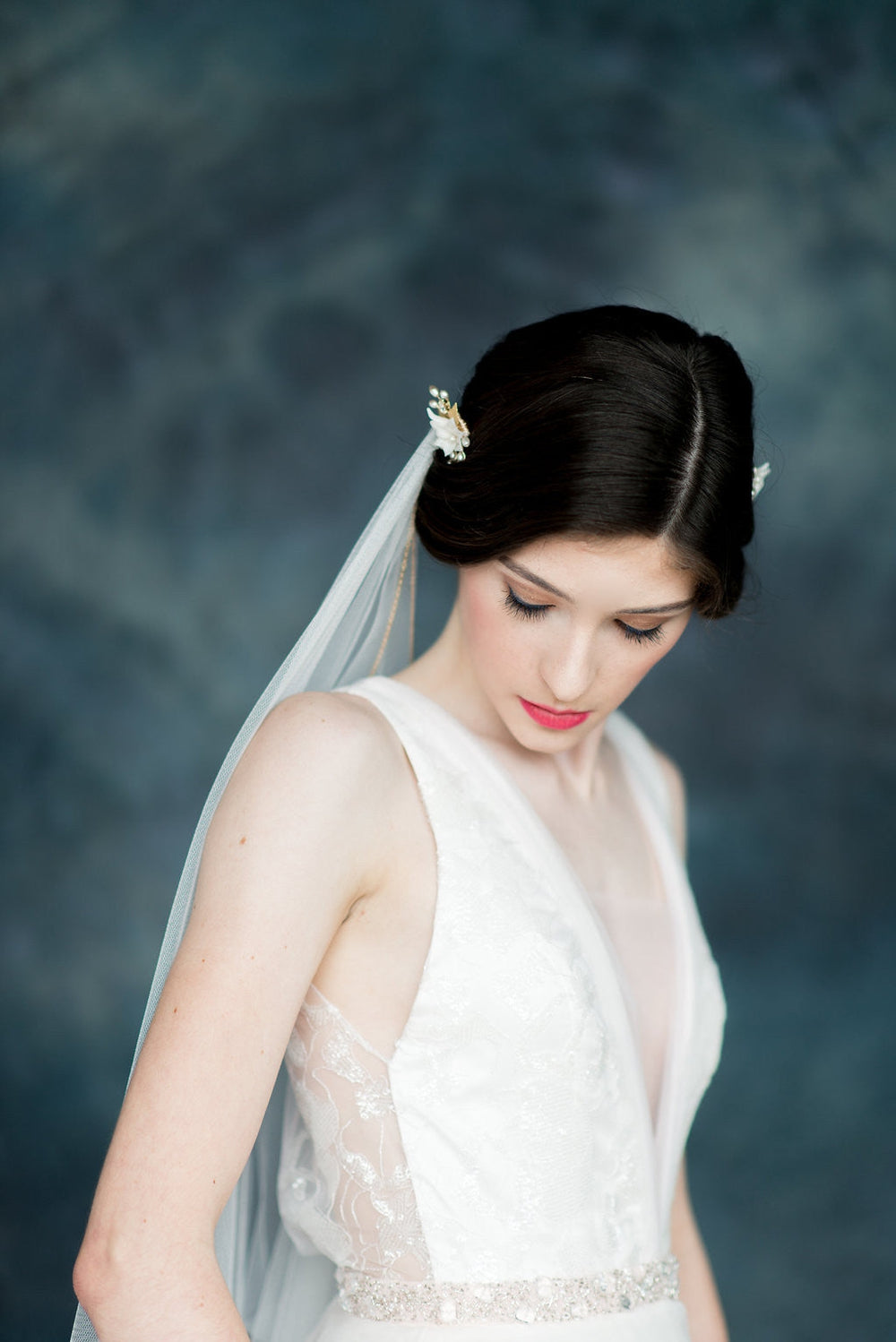 Ivory Draped Back Soft Tulle Veil with Chains & Flower Combs - Handmade in Toronto - Blair Nadeau Millinery - Whitney Heard Photography