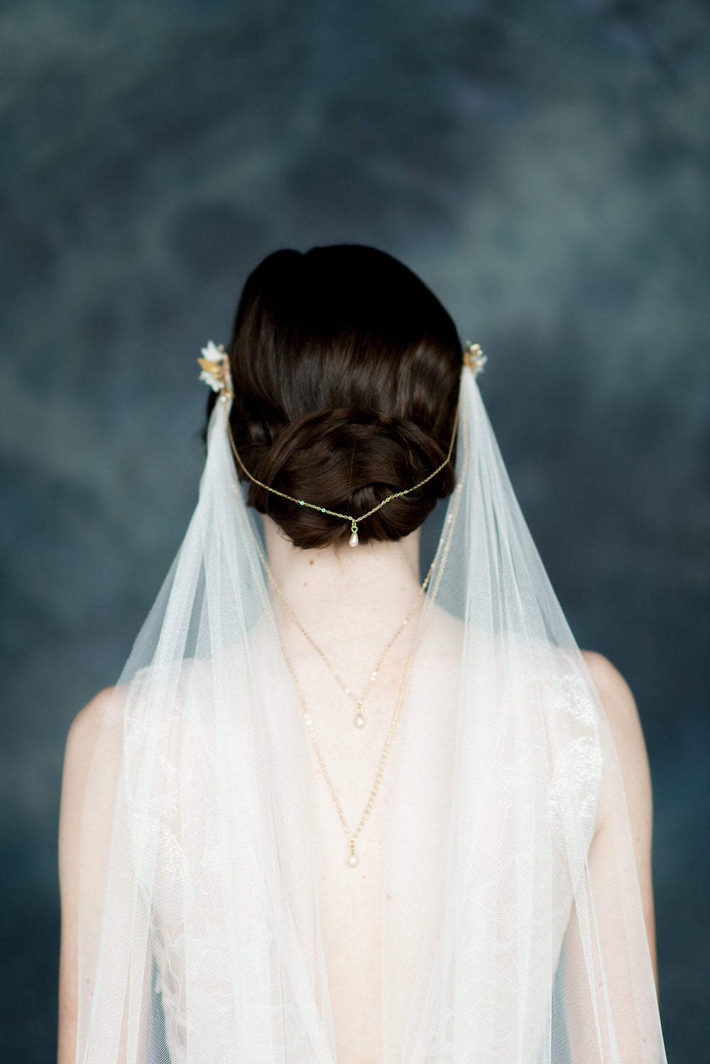 Ivory Draped Back Soft Tulle Veil with Chains & Flower Combs - Handmade in Toronto - Blair Nadeau Millinery - Whitney Heard Photography