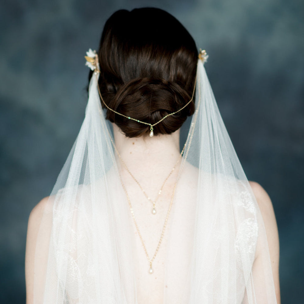 Ivory Draped Back Soft Tulle Veil with Chains & Flower Combs - Handmade in Toronto - Blair Nadeau Millinery - Whitney Heard Photography