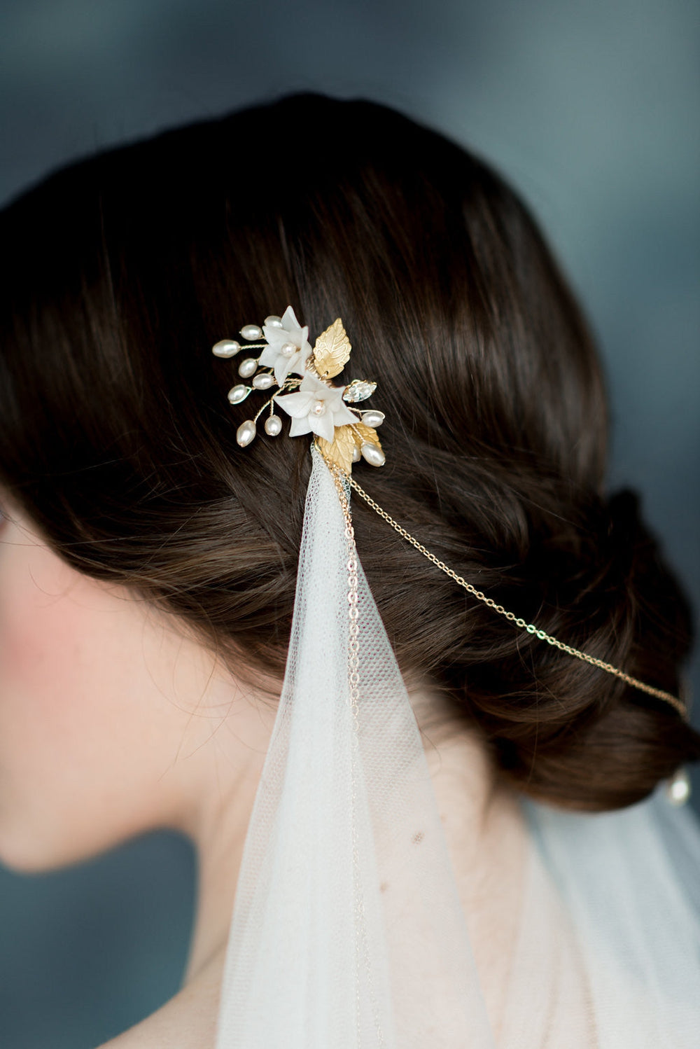 Ivory Draped Back Soft Tulle Veil with Chains & Flower Combs - Handmade in Toronto - Blair Nadeau Millinery - Whitney Heard Photography