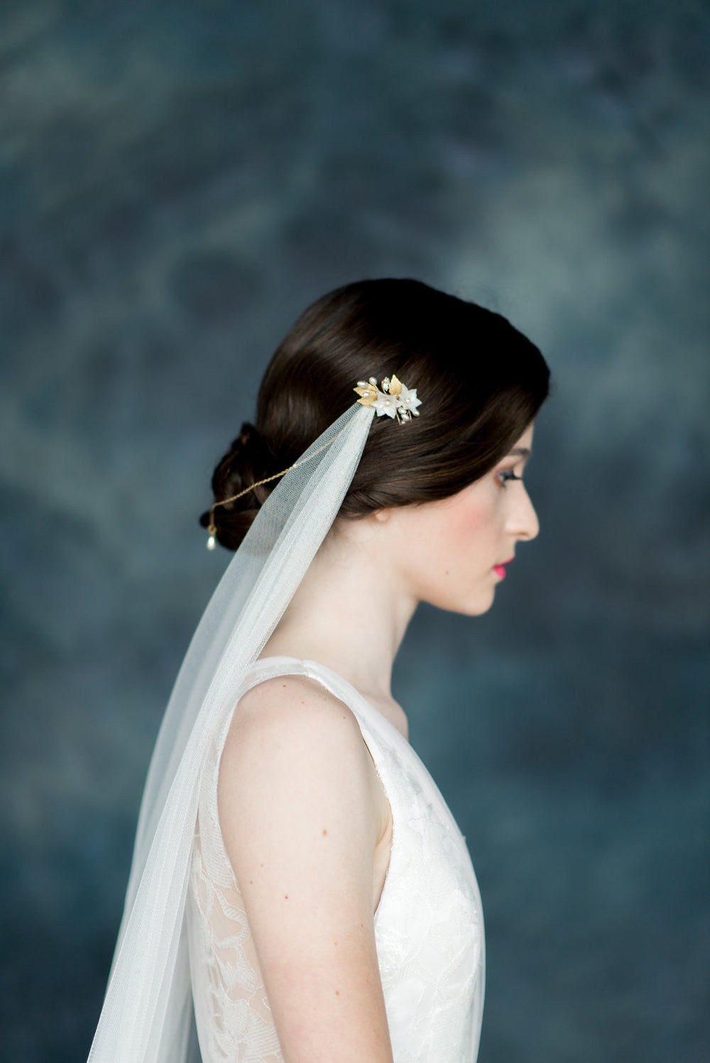 Ivory Draped Back Soft Tulle Veil with Chains & Flower Combs - Handmade in Toronto - Blair Nadeau Millinery - Whitney Heard Photography