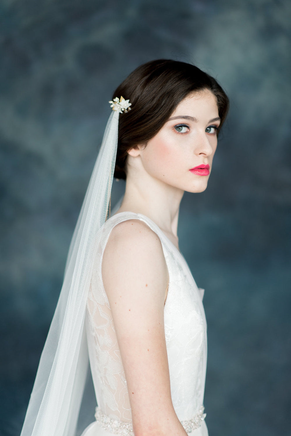 Ivory Draped Back Soft Tulle Veil with Chains & Flower Combs - Handmade in Toronto - Blair Nadeau Millinery - Whitney Heard Photography