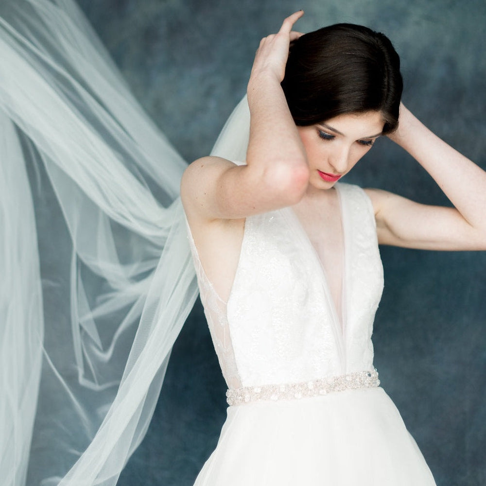 Ivory Tulle Single Tier Wedding Veil with gathered comb medium volume. handmade in toronto canada by Blair Nadeau