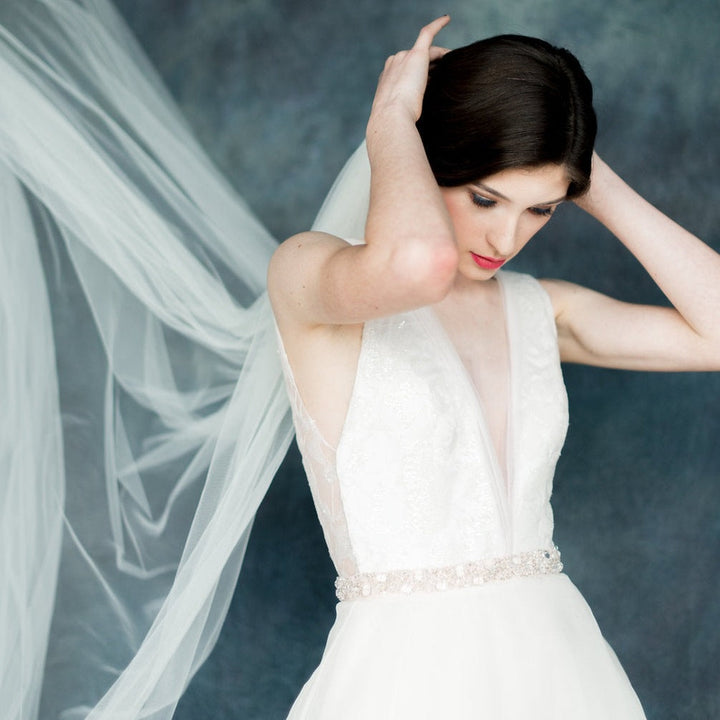 Ivory Tulle Single Tier Wedding Veil with gathered comb medium volume. handmade in toronto canada by Blair Nadeau