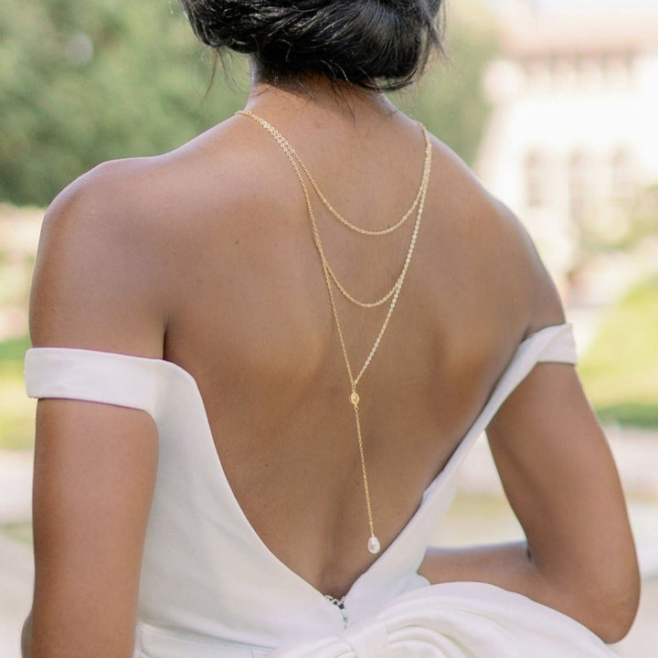 JUNE Pearl and Crystal Back Necklace Rose Gold / Ivory/Clear / 14 1/2" JUNE Pearl and Crystal Back Necklace Rose Gold / Ivory/Clear / 14 1/2"