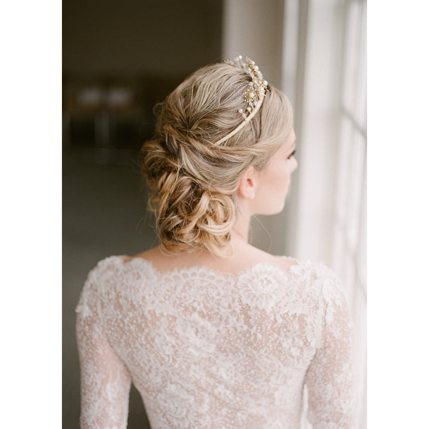 golden brass tall starburst bridal crown with crystals and pearls. handmade in toronto by blair nadeau bridal