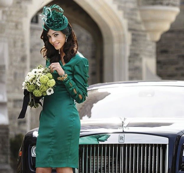 emerald green bridal fascinator with birdcage veil made in canada