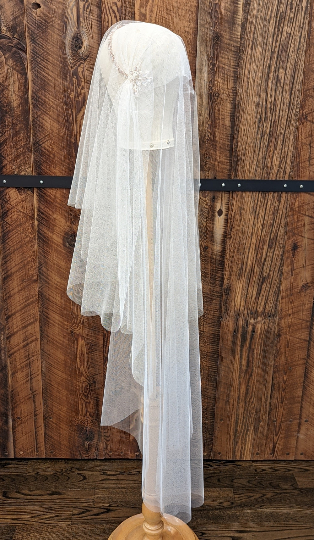 rose gold soft tulle juliet veil with beaded lace. Double layer with blusher. Handmade in toronto canada by blair nadeau