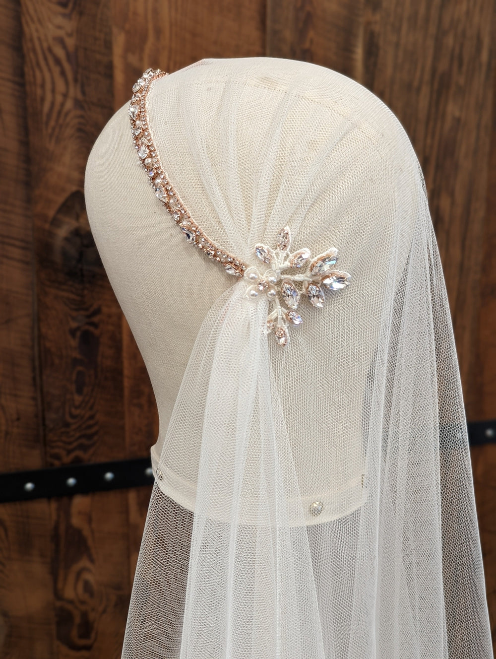rose gold soft tulle juliet veil with beaded lace. Double layer with blusher. Handmade in toronto canada by blair nadeau