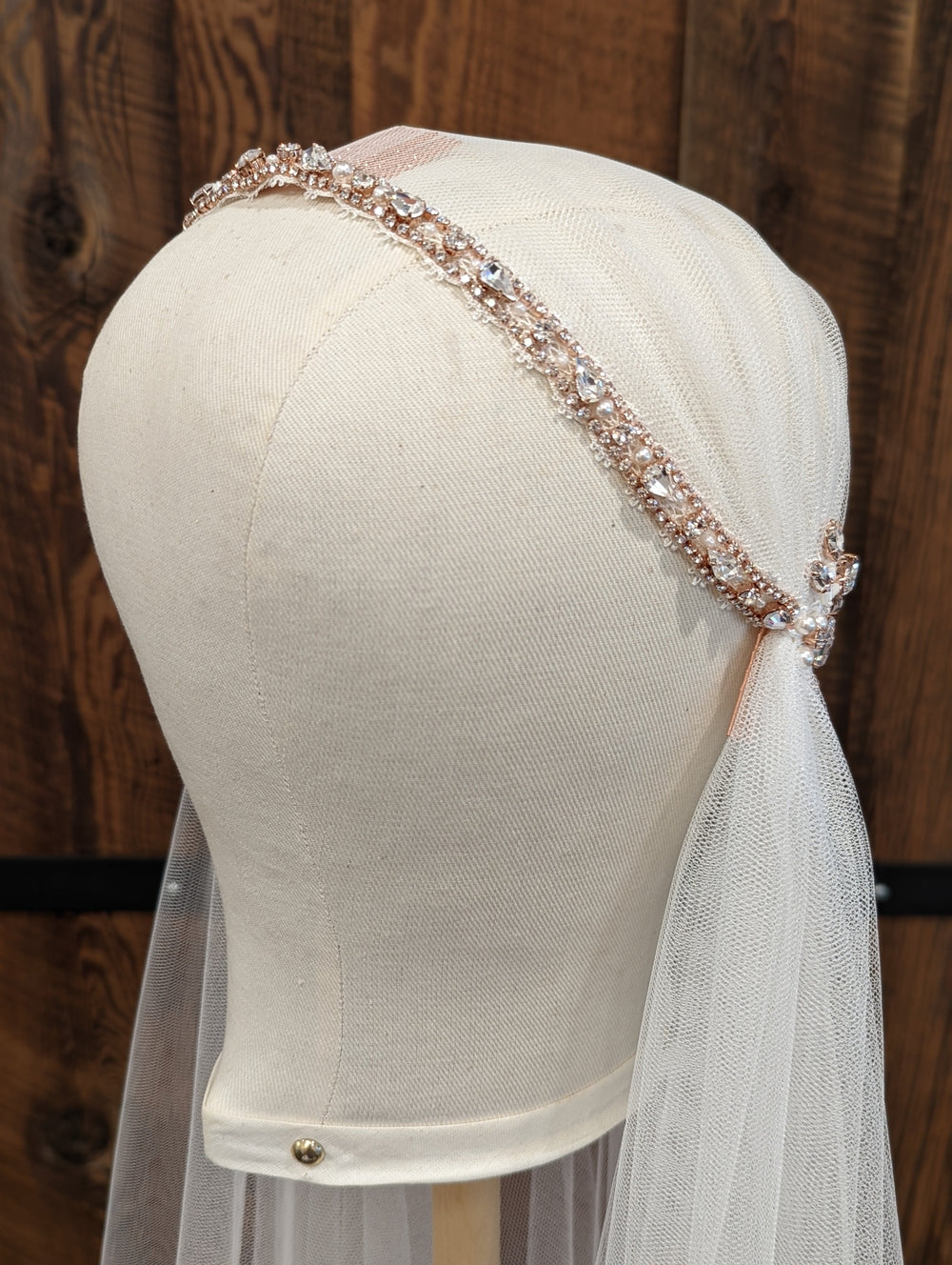 rose gold soft tulle juliet veil with beaded lace. Double layer with blusher. Handmade in toronto canada by blair nadeau