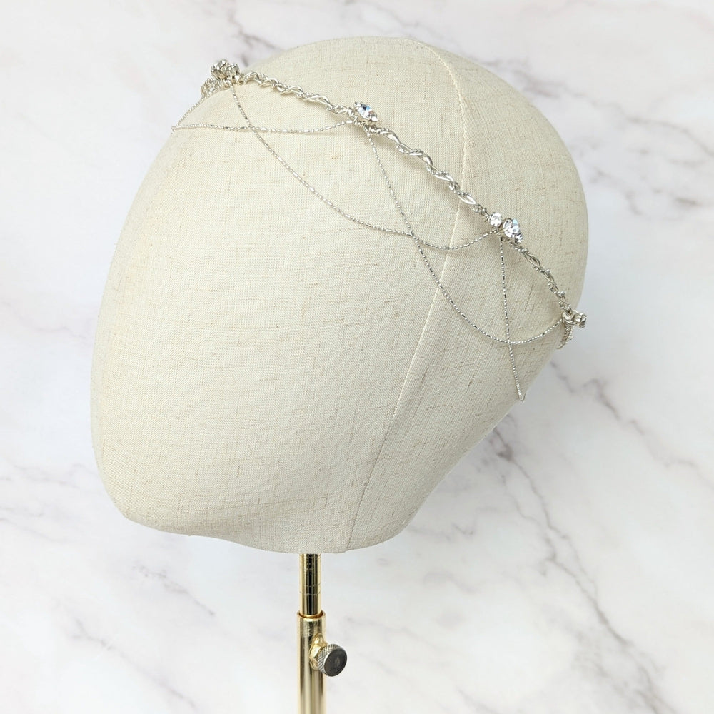 silver draped chain boho inspired bridal crown with crystals