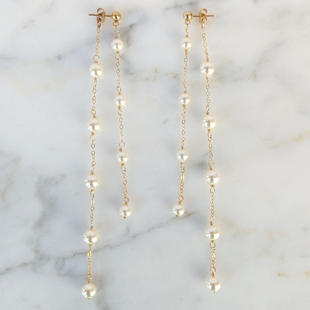 long double strand pearl drop ear huggies 