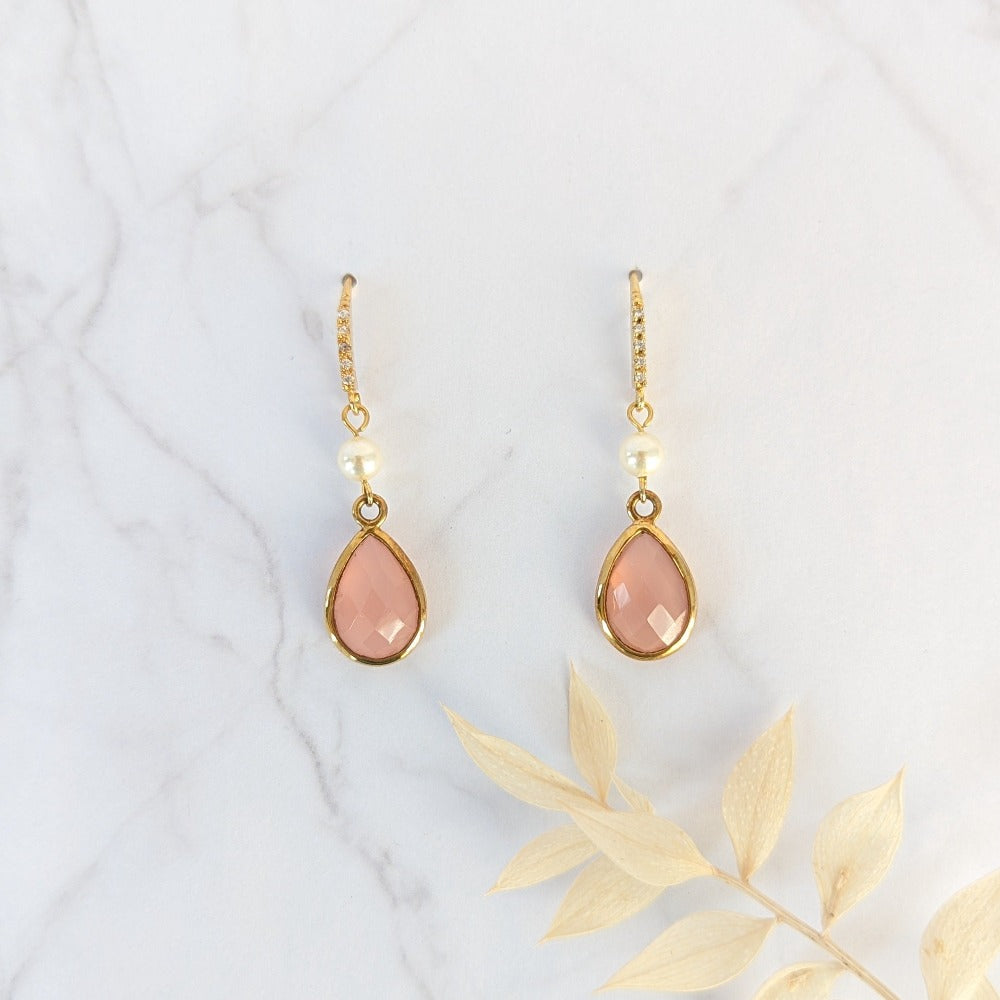 gold pink quartz teardrop bridal earrings for weddings