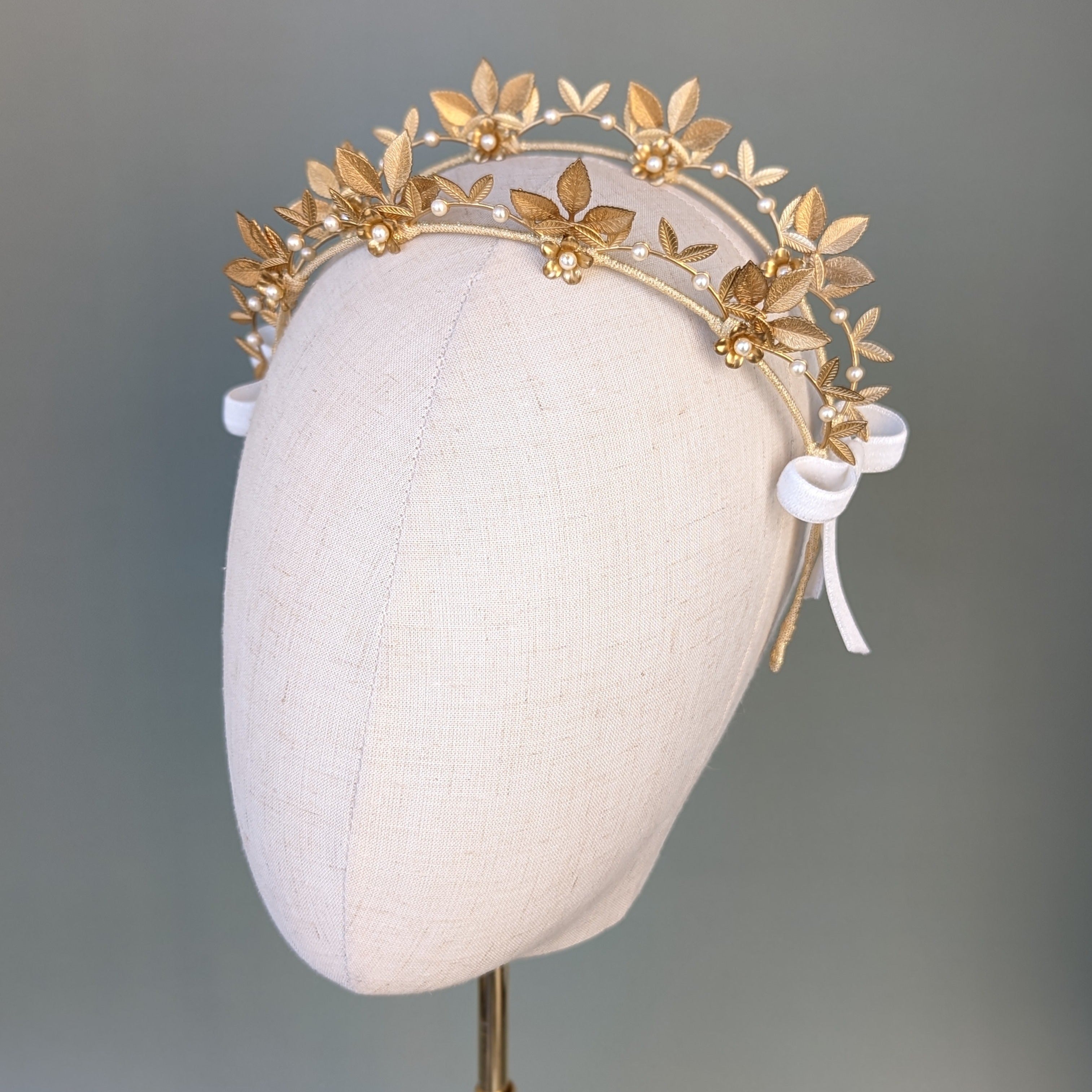 OPHELIA Golden Brass Double Headband Crown with Bows