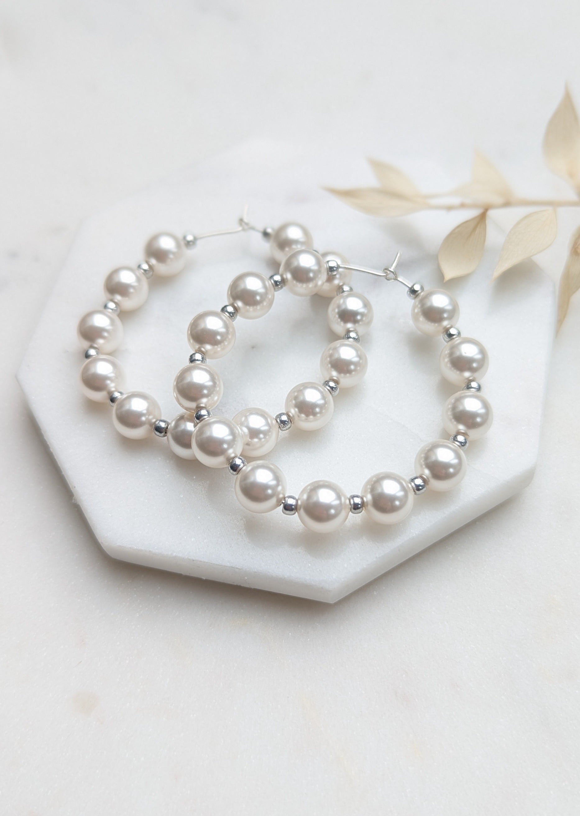 silver pearl  hoop earrings made in canada