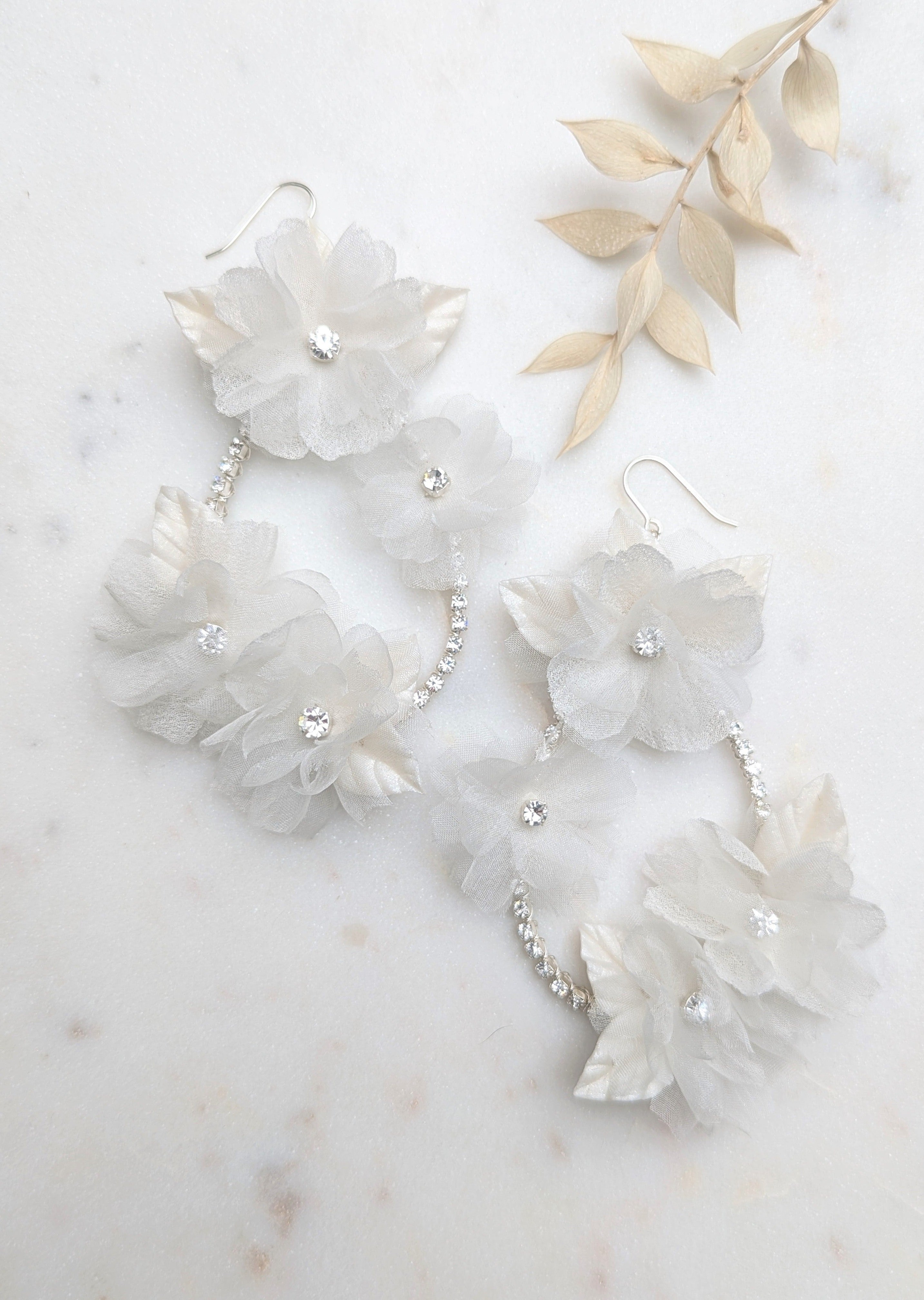 large silk teardrop earrings with clay leaves and rhinestones