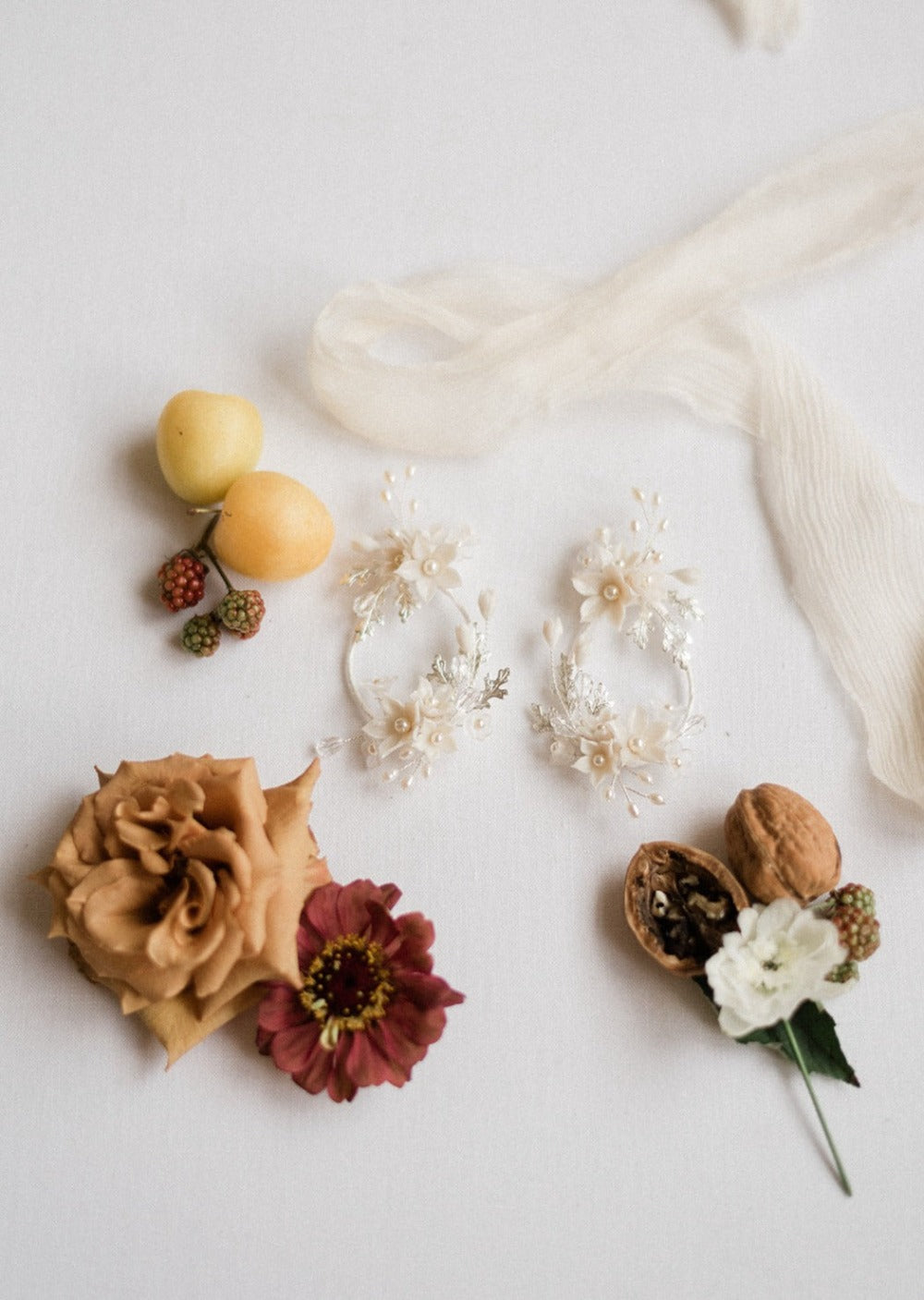 modern bridal large teardrop hoop earrings with clay flowers, freshwater pearls and leaves