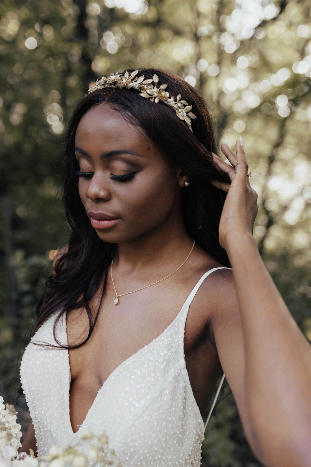 golden brass laurel leaf bridal crown with pearls - handmade in toronto ontario canada - blair nadeau bridal adornments