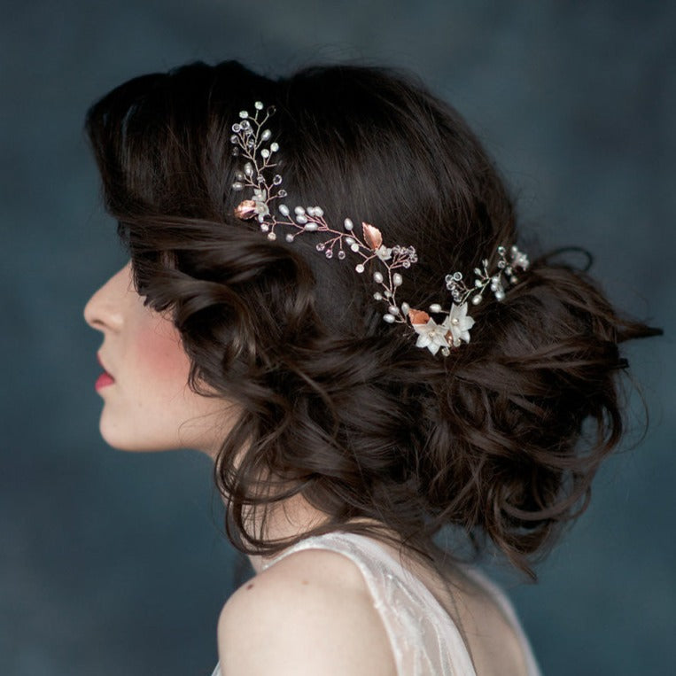 rose gold bridal hair vine with leaves and clay flowers. handmade in toronto by blair nadeau