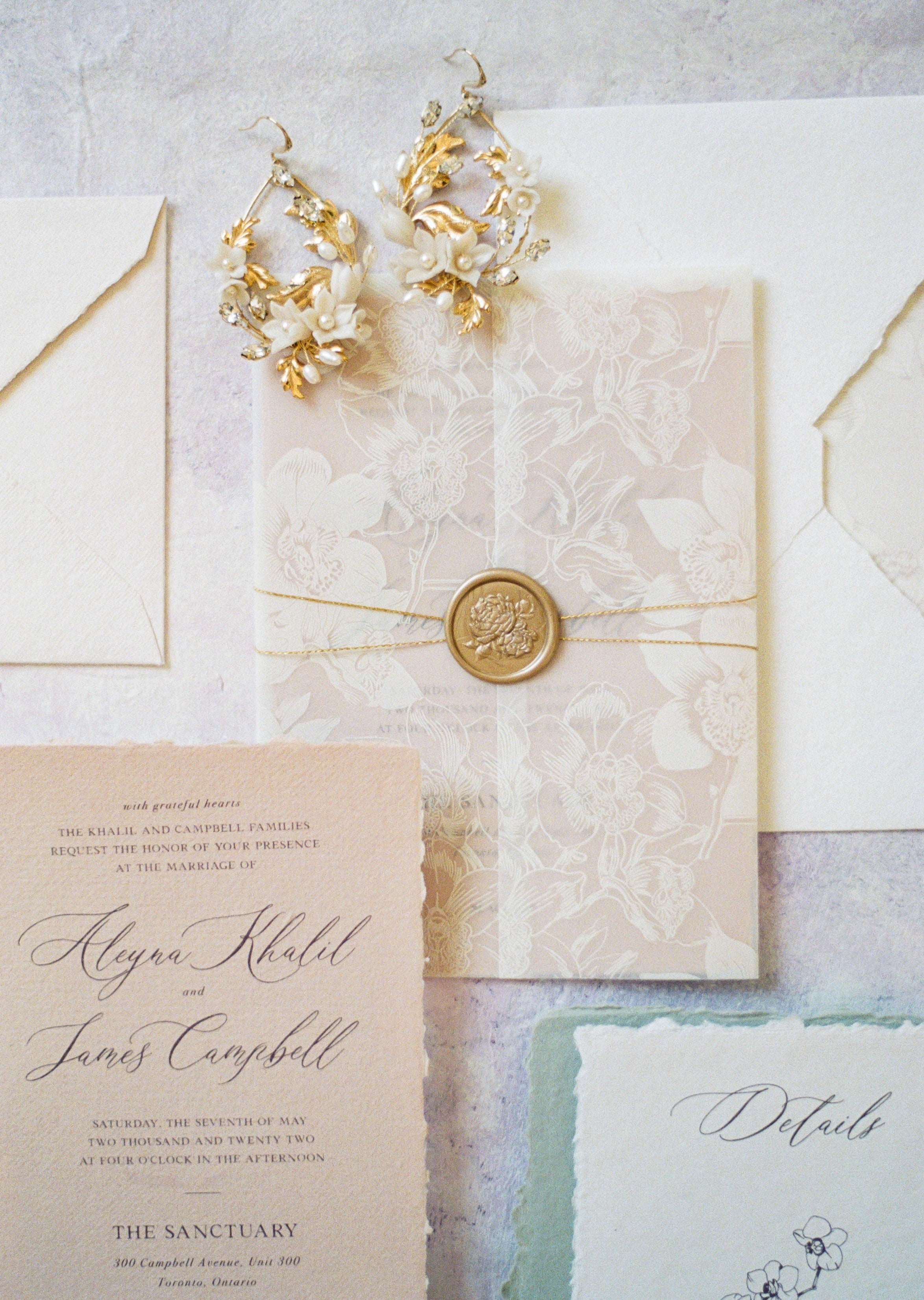 gold and ivory ornate bridal earrings for modern romantic weddings