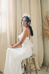 bridal tiara with large ivory flowers, silk tulle leaves and pearls made in toronto