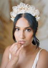 tall bridal crown with gold leaves and ivory flowers for weddings
