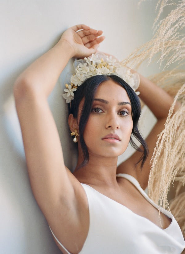 vintage wax crown inspired bridal headpiece with flowers and leaves