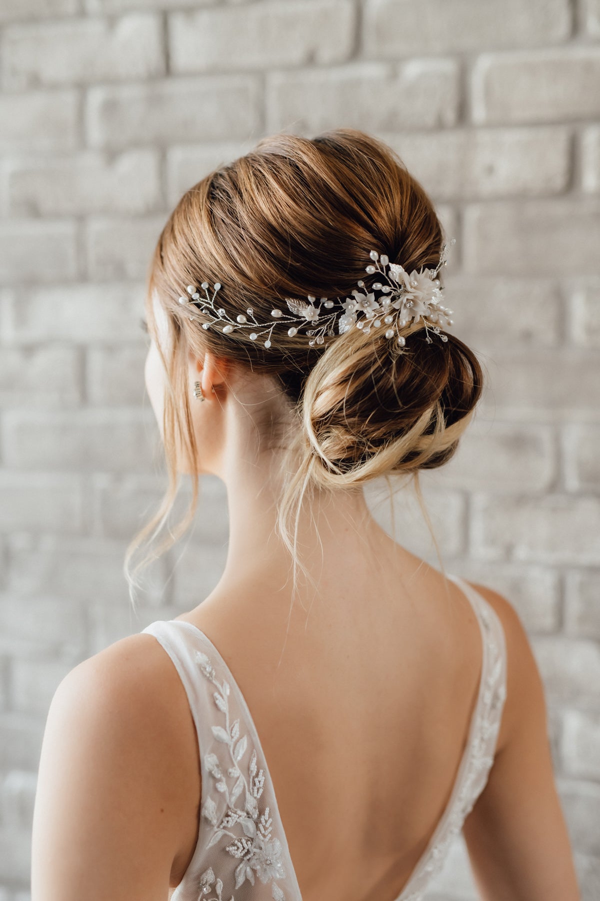 Modern Fine Art Wedding Crystal Pearl and Clay Flower Bridal Hair Vine - available in silver, gold and rose gold - made in Toronto Ontario Canada, Blair Nadeau Bridal, Whitney Heard Photography