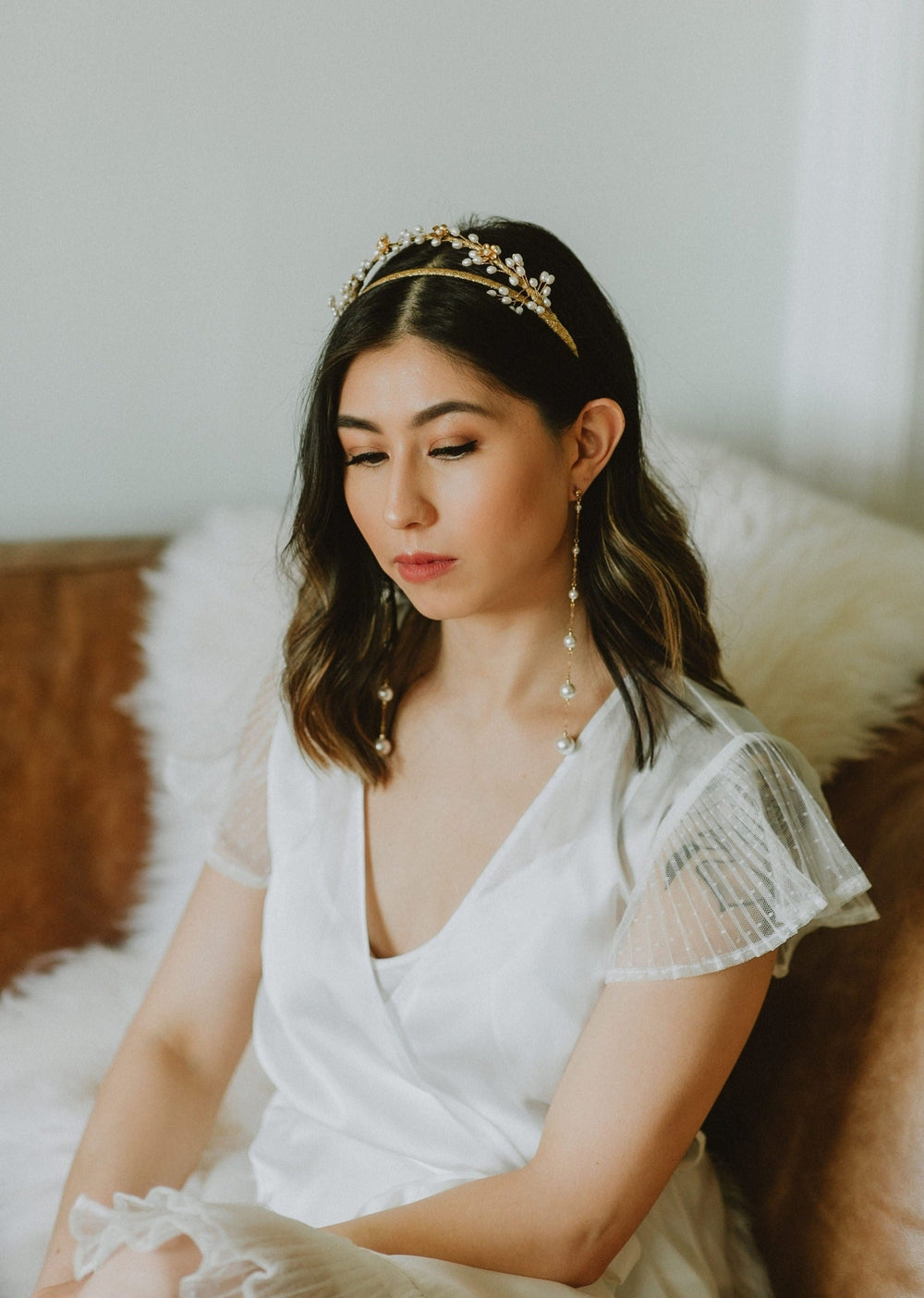 long gold pearl drop wedding earrings with pearl bridal crown