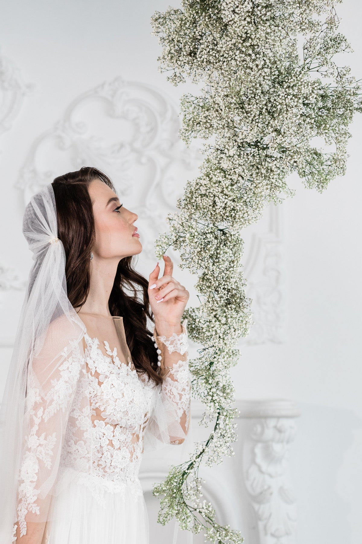 Pure White Modern Vintage Inspired Juliet Cap Veil with Blusher and Swarovski Pearls - Made in Toronto Ontario Canada - Blair Nadeau Bridal 