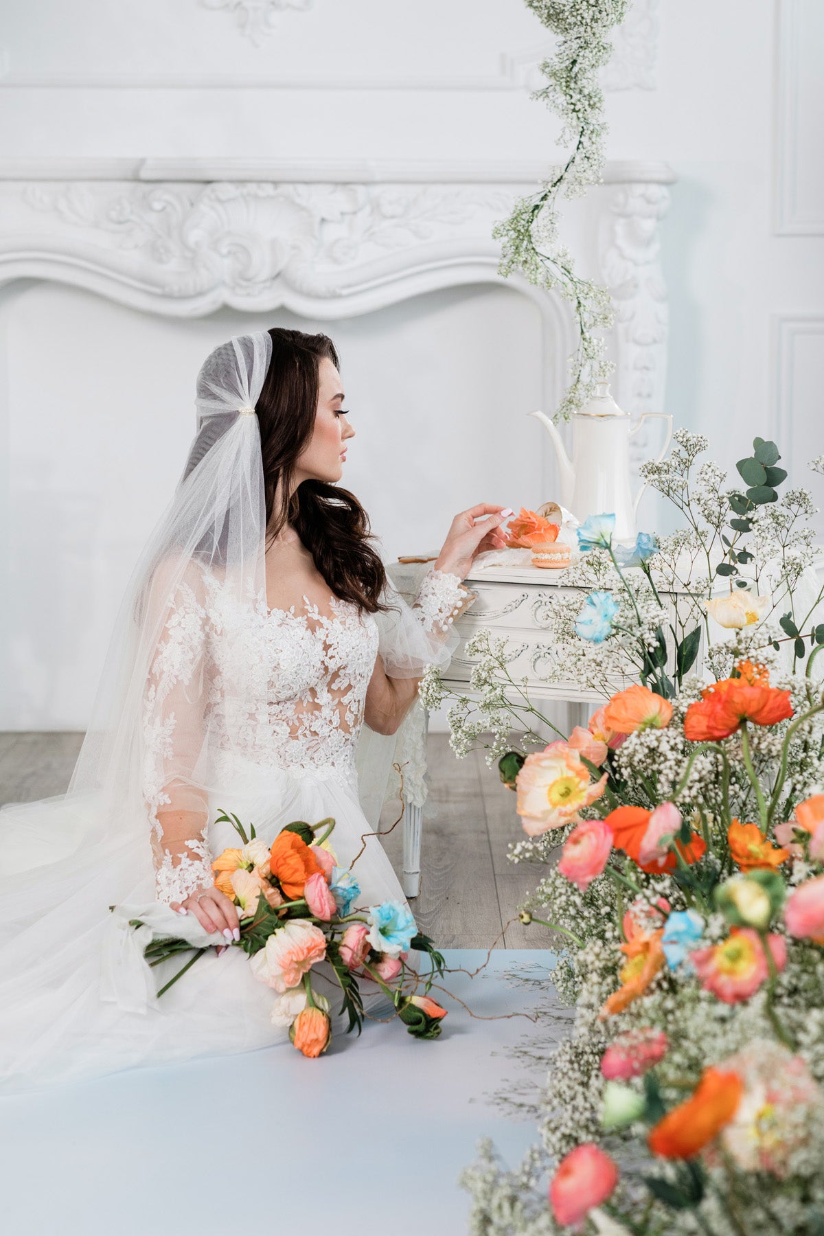 Pure White Modern Vintage Inspired Juliet Cap Veil with Blusher and Swarovski Pearls - Made in Toronto Ontario Canada - Blair Nadeau Bridal 