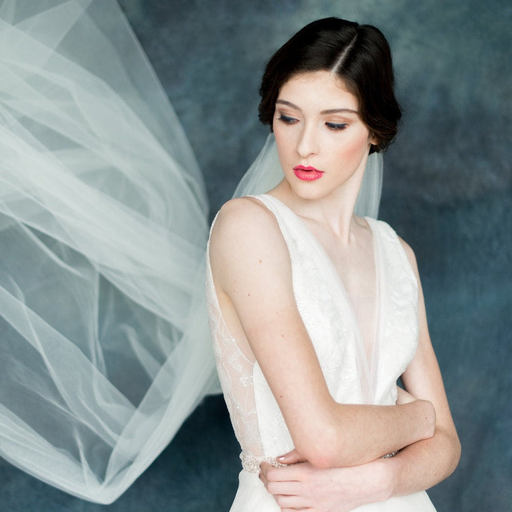 ivory wide english tulle gathered comb catherdral length wedding veil for brides. made in canada by blair nadeau bridal