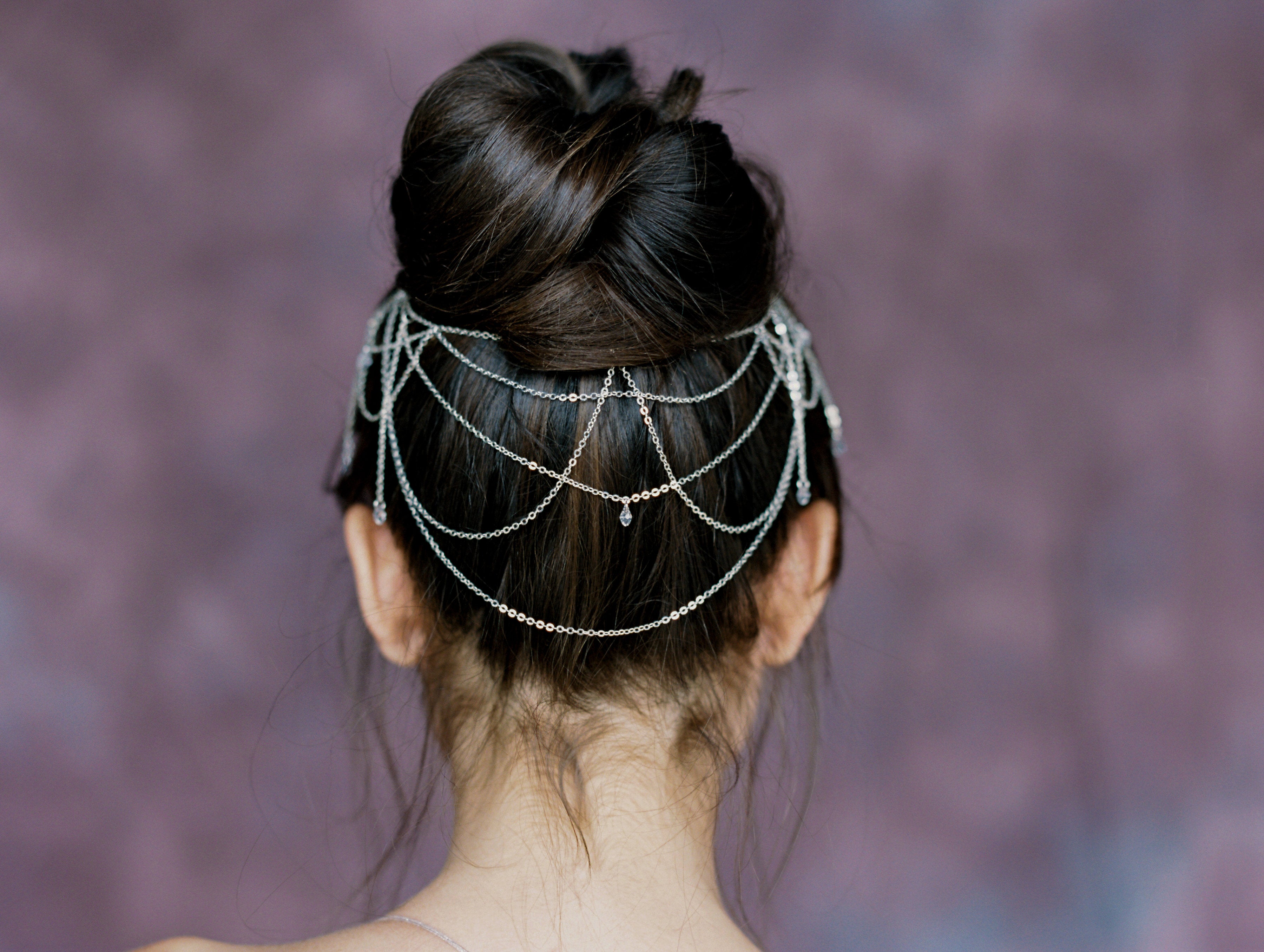 Draped bridal hair chain with crystal teardrops, handmade in toronto ontario canada by blair nadeau bridal adornments