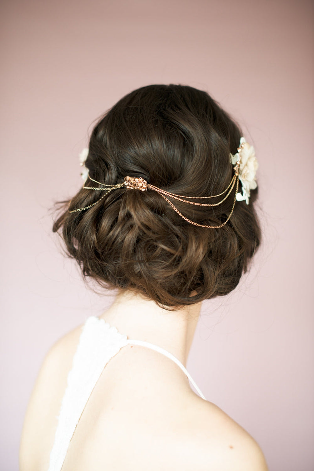 rose gold bridal hair chain with silk flowers, lace and crystals. made by hand in toronto canada by blair nadeau