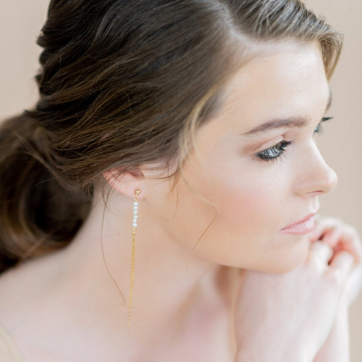 Tiny Gold Tassel Freshwater Pearl Earrings made in toronto canada by Blair nadeau bridal adornments