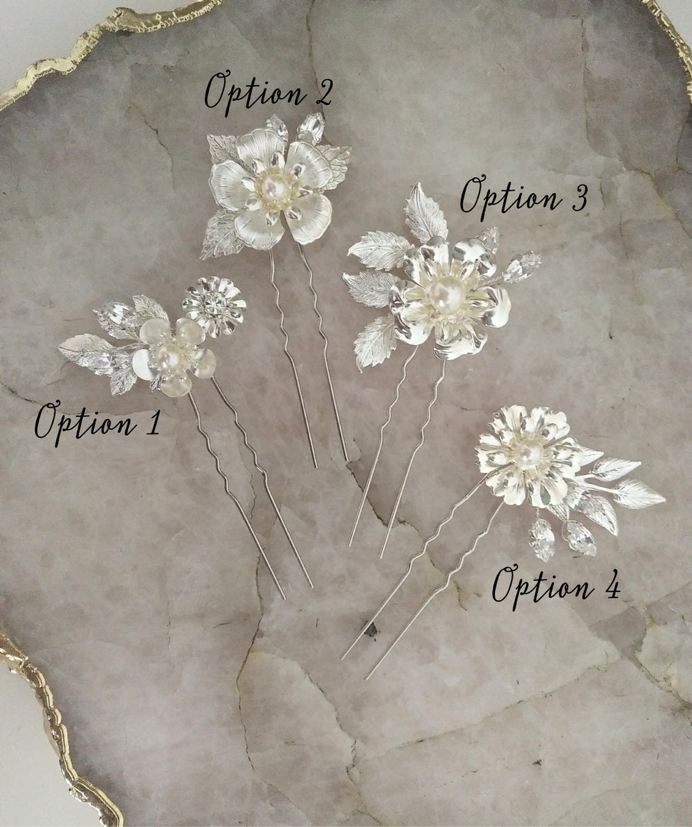 silver flower and leaf bridal hair pins with pearls and crystals. handmade in toronto canada by blair nadeau bridal