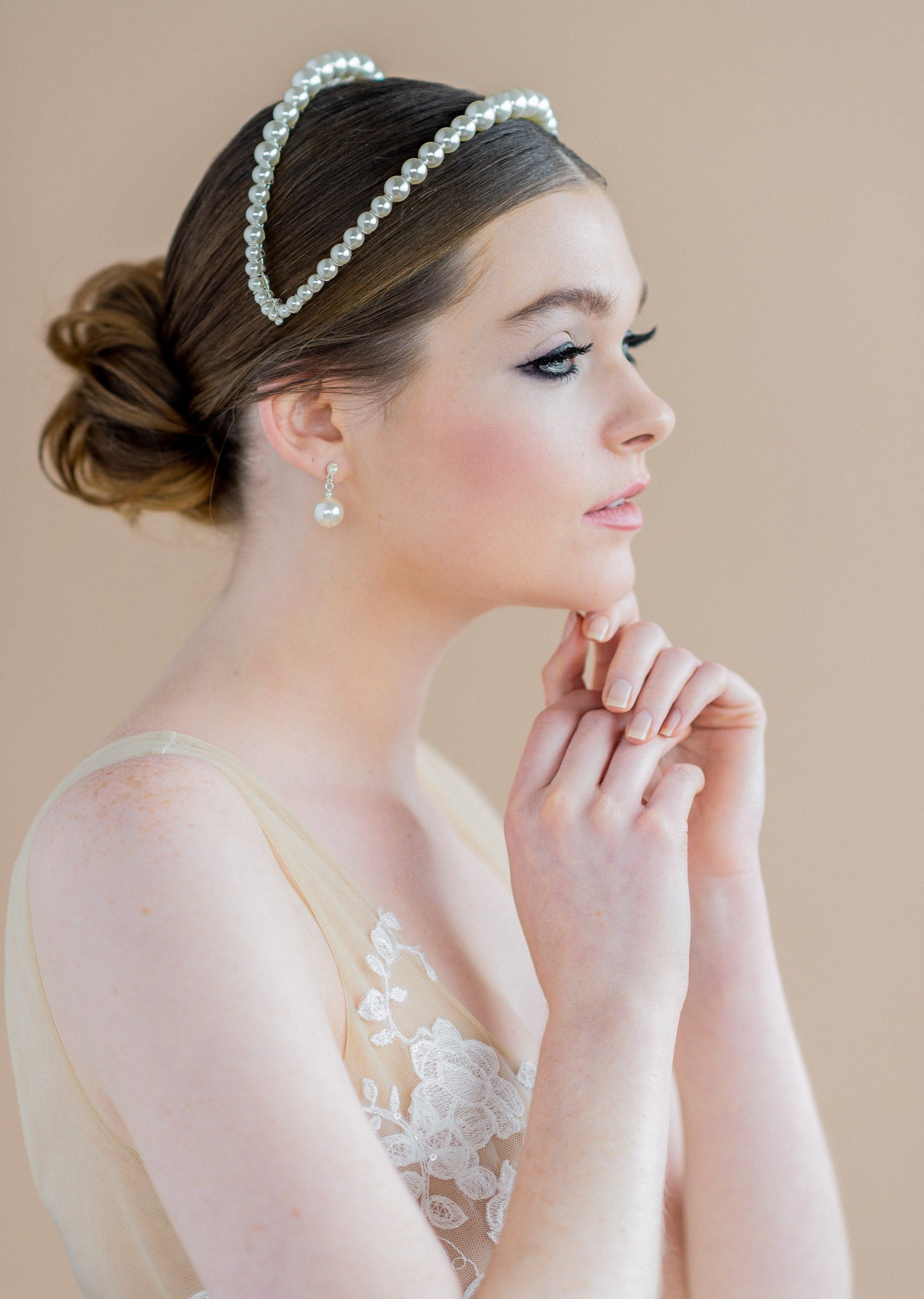 gold large iridescent pearl double headband coronet - blair nadeau bridal adornments - handmade in toronto ontario canada - whitney heard photography