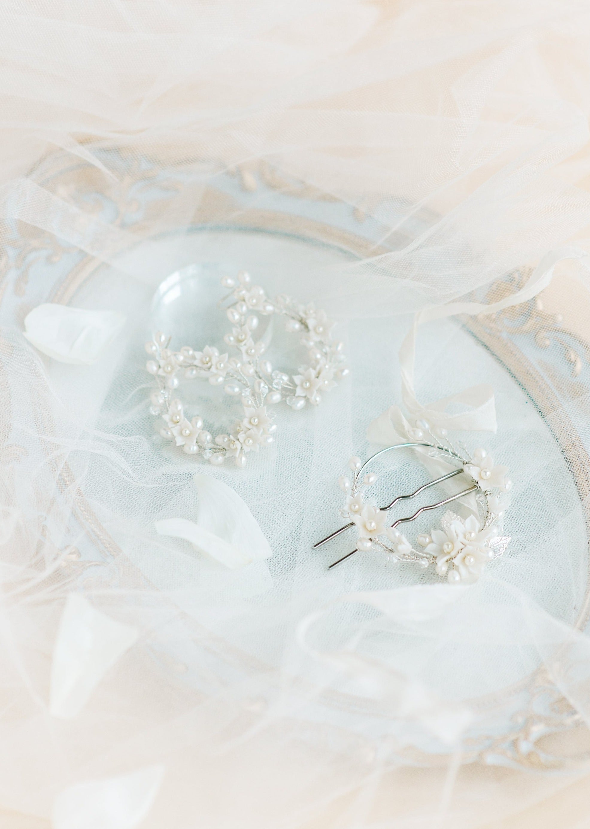 silver and white modern romantic bridal hair vine geometric hair pin with leaves, pearl and crystals - blair nadeau bridal adornments - handmade in toronto ontario canada