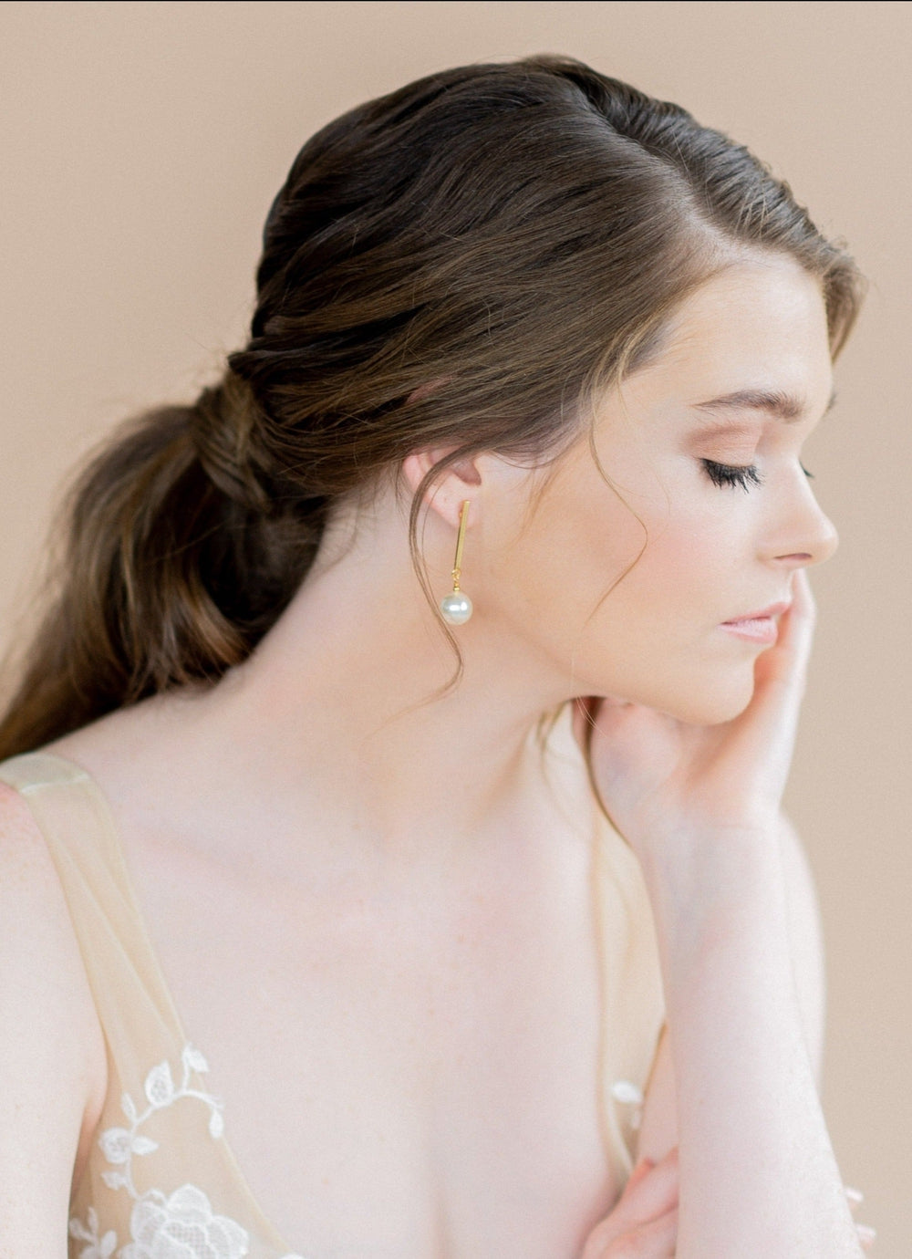 silver bar stud earrings with large pearl dangle drops for weddings