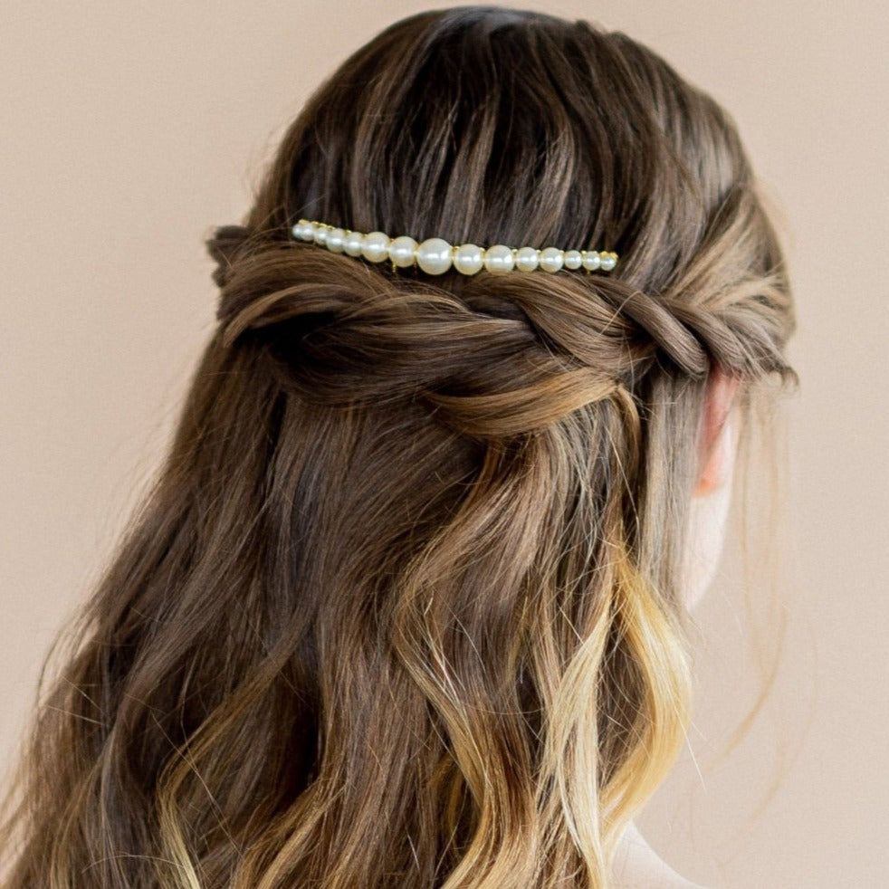 gold large oversized ivory pearl bridal hair comb made in toronto canada by Blair nadeau bridal adornments