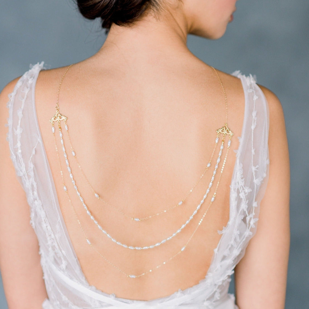 gold freshwater vintage biwa pearl back drop necklace with three tiered layers.  made in toronto canada by Blair nadeau bridal adornments