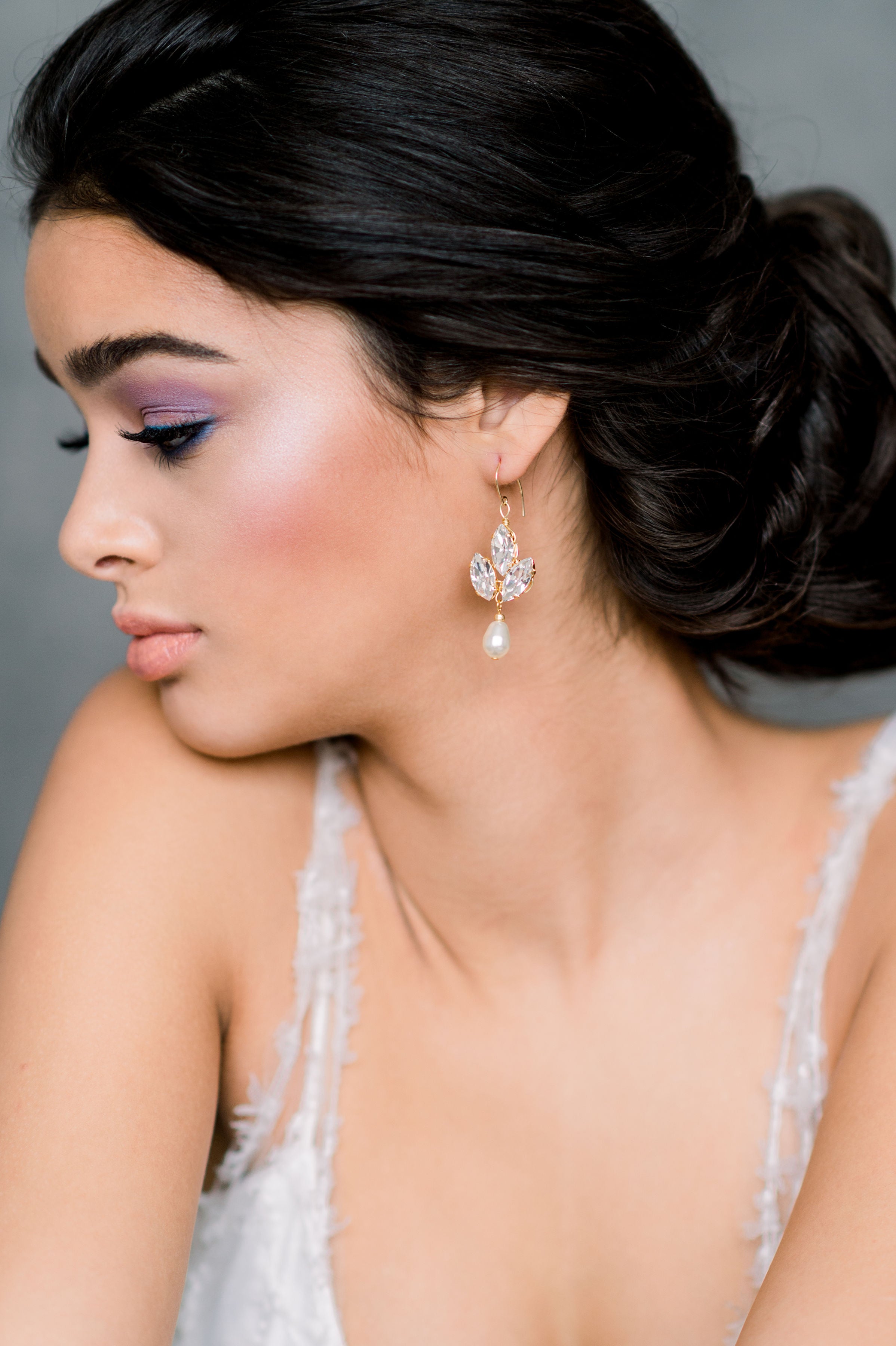 Modern Silver Boho Rhinestone Leaf Pearl Teardrop Earrings - Made in Toronto Ontario Canada - Blair Nadeau Bridal - Whitney  Heard Photography