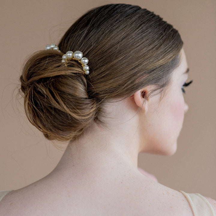 gold modern large ivory pearl bridal hair pin for updo. made in toronto canada by Blair nadeau bridal adornments