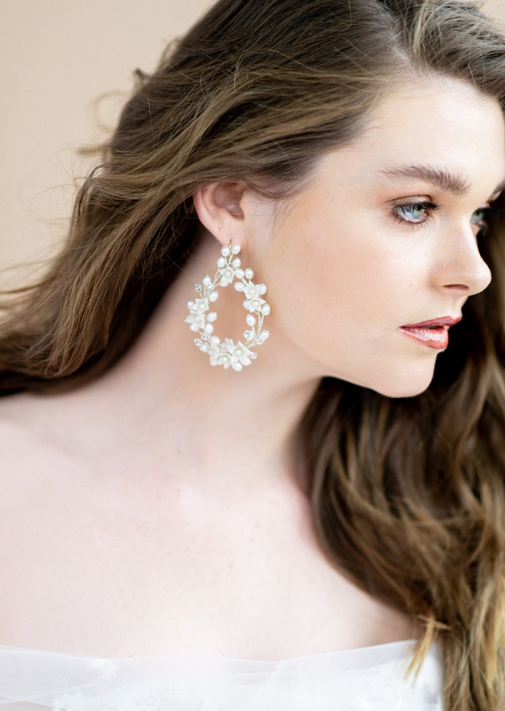 LAINE Statement Pearl Crystal Vine Teardrop Bridal Earrings Gold Ivory