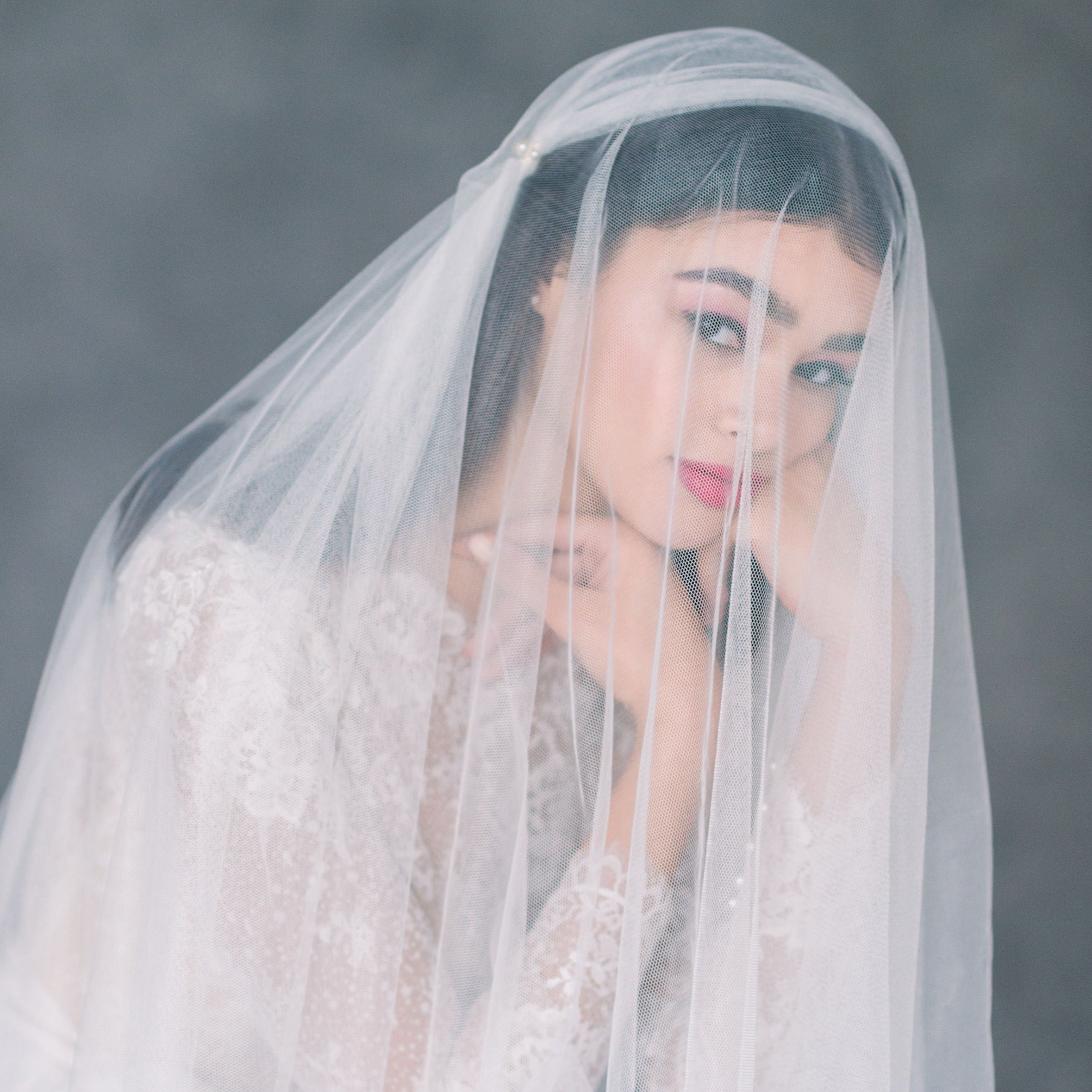 soft english net pale ivory bridal juliet cap veil with blusher for vintage brides in chapel length. made in toronto canada by Blair nadeau bridal adornments