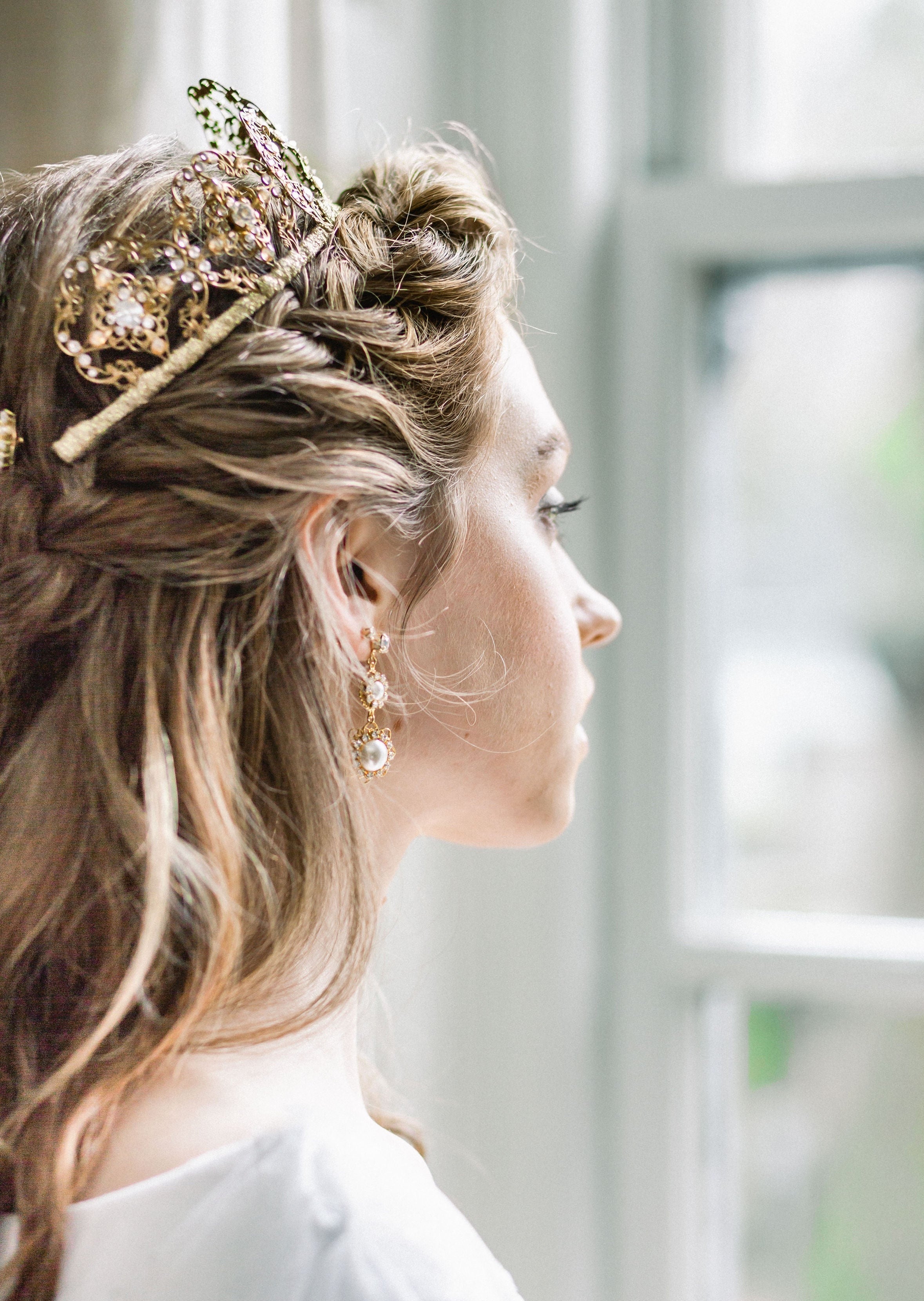 gold plated bridgerton inspired filigree earrings with 2 medallions accented with pearls and crystals with a rhinestone stud. handmade in canada by blair nadeau bridal adornments